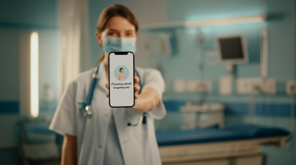 Studentessa di ostetricia sorridente che tiene in mano uno smartphone con l'interfaccia dell'app 'Positive Birth Experience' visibile. Sullo sfondo, una sala parto moderna, luminosa e accogliente, leggermente sfocata per dare risalto alla studentessa. Luce calda e rassicurante. Ritratto, obiettivo prime 50mm, profondità di campo ridotta, colori caldi e tenui per trasmettere positività e professionalità.