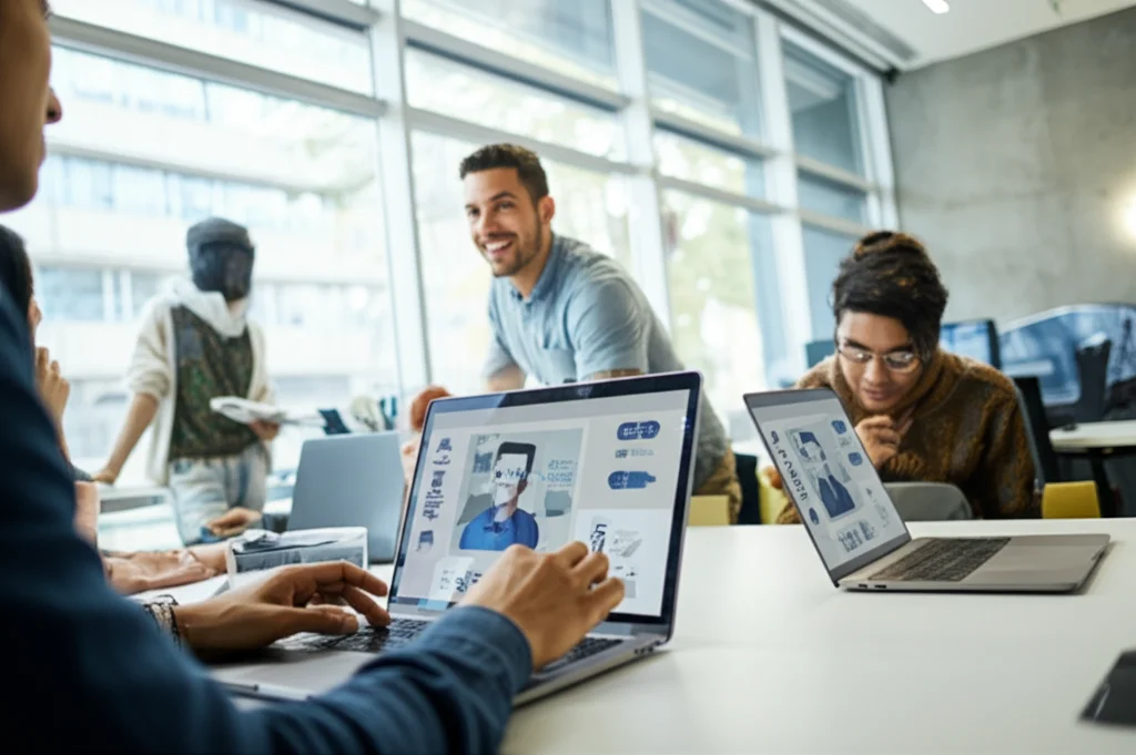 Un'aula universitaria luminosa e moderna con studenti diversi che collaborano attorno a un tavolo, alcuni usano laptop con interfacce AI stilizzate visibili sugli schermi, altri discutono animatamente. Focus su uno studente in primo piano che guarda sorridendo il suo schermo. Obiettivo prime 35mm, luce naturale diffusa da ampie finestre, profondità di campo media per mantenere il contesto visibile.