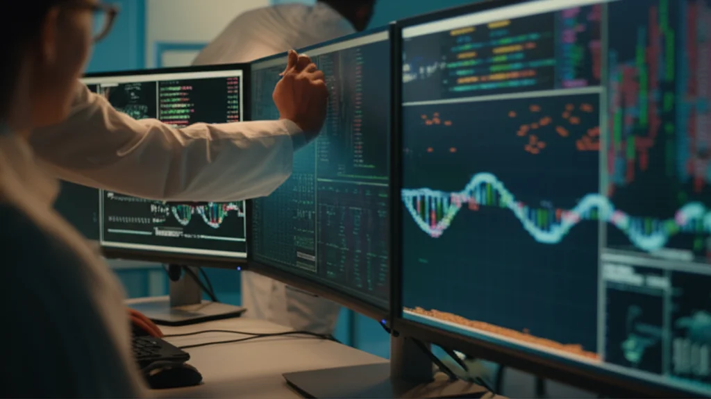 Fotografia di un gruppo eterogeneo di scienziati che collaborano intensamente attorno a schermi di computer in un laboratorio moderno, visualizzando sequenze di DNA complesse e mappe geografiche con punti dati. Obiettivo prime 35mm, profondità di campo che mette a fuoco l'interazione collaborativa, sfocando leggermente lo sfondo del laboratorio.