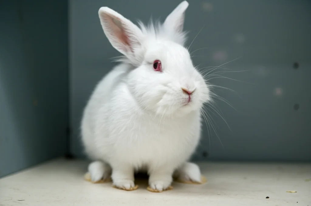 Primo piano di un coniglio domestico soffice, forse un coniglio Bianco Neozelandese, in un ambiente di laboratorio pulito e luminoso. Obiettivo macro 100mm, alta definizione per catturare i dettagli del pelo e degli occhi, illuminazione controllata e diffusa.