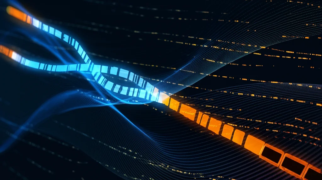 Visualizzazione grafica astratta di un cromosoma con segmenti evidenziati che rappresentano le isole di ROH. Sfondo scuro con linee luminose che simulano dati genetici. Obiettivo prime 50mm, focus selettivo sulle isole evidenziate, colori contrastanti come blu e arancione per rappresentare diverse popolazioni (cinese vs esotica).