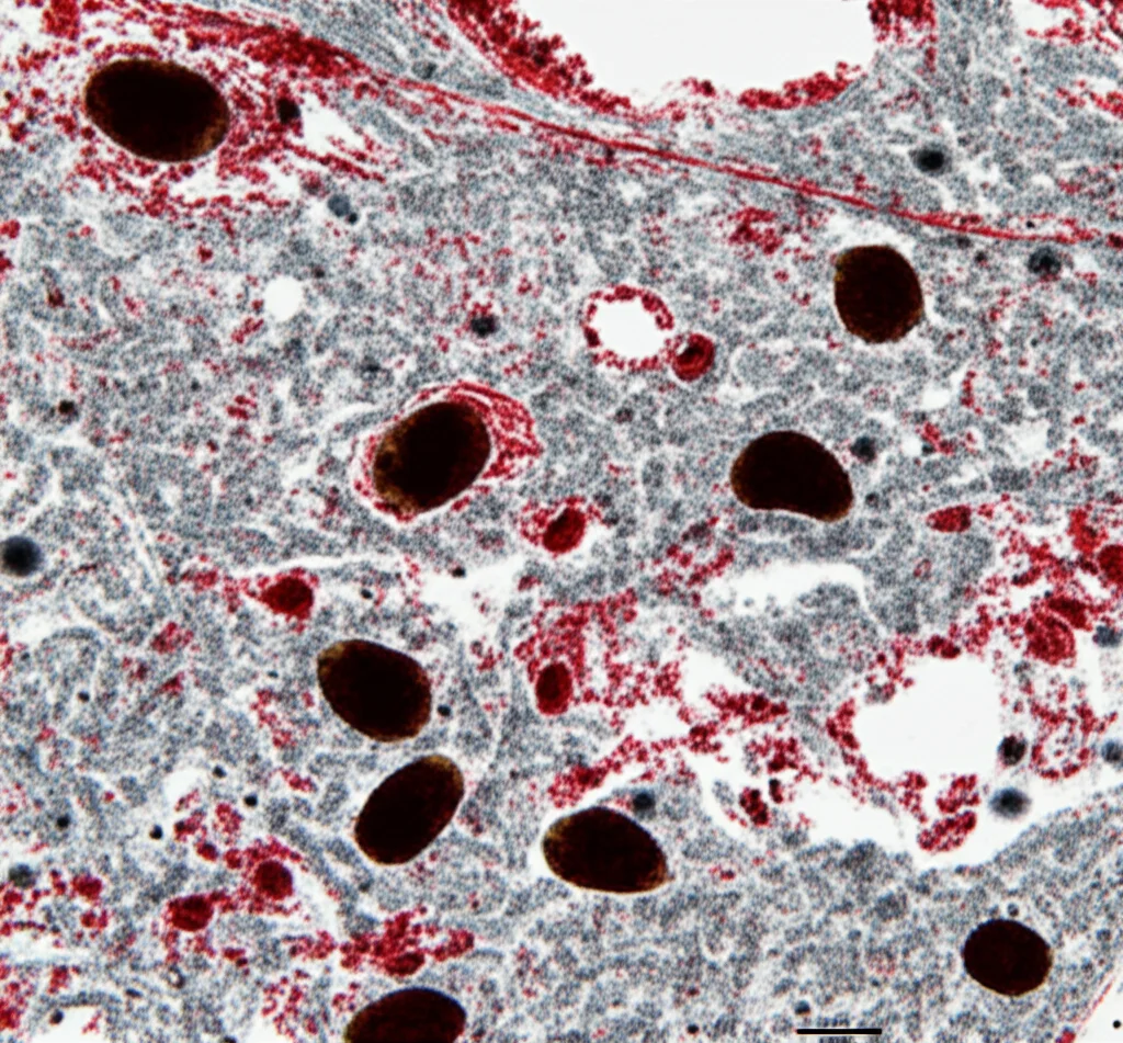 Immagine macrofotografica ad alta definizione di neuroni dopaminergici (colorati in marrone scuro con immunoistochimica TH) nella substantia nigra pars compacta di un topo, visualizzati al microscopio. Alcuni neuroni appaiono danneggiati o ridotti di numero, circondati da microglia attivata (visibile con marcatore Iba-1). Illuminazione controllata per evidenziare la neurodegenerazione e l'infiammazione. Obiettivo macro 100mm, messa a fuoco precisa, alta definizione.