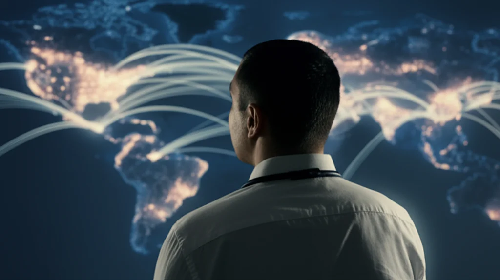 Un funzionario della sanità pubblica osserva pensieroso una mappa del mondo proiettata su un grande schermo, con punti dati luminosi che indicano focolai epidemici collegati da linee. Obiettivo zoom 50mm, messa a fuoco sull'espressione concentrata del funzionario, mappa leggermente sfocata, atmosfera seria ma orientata alla soluzione.