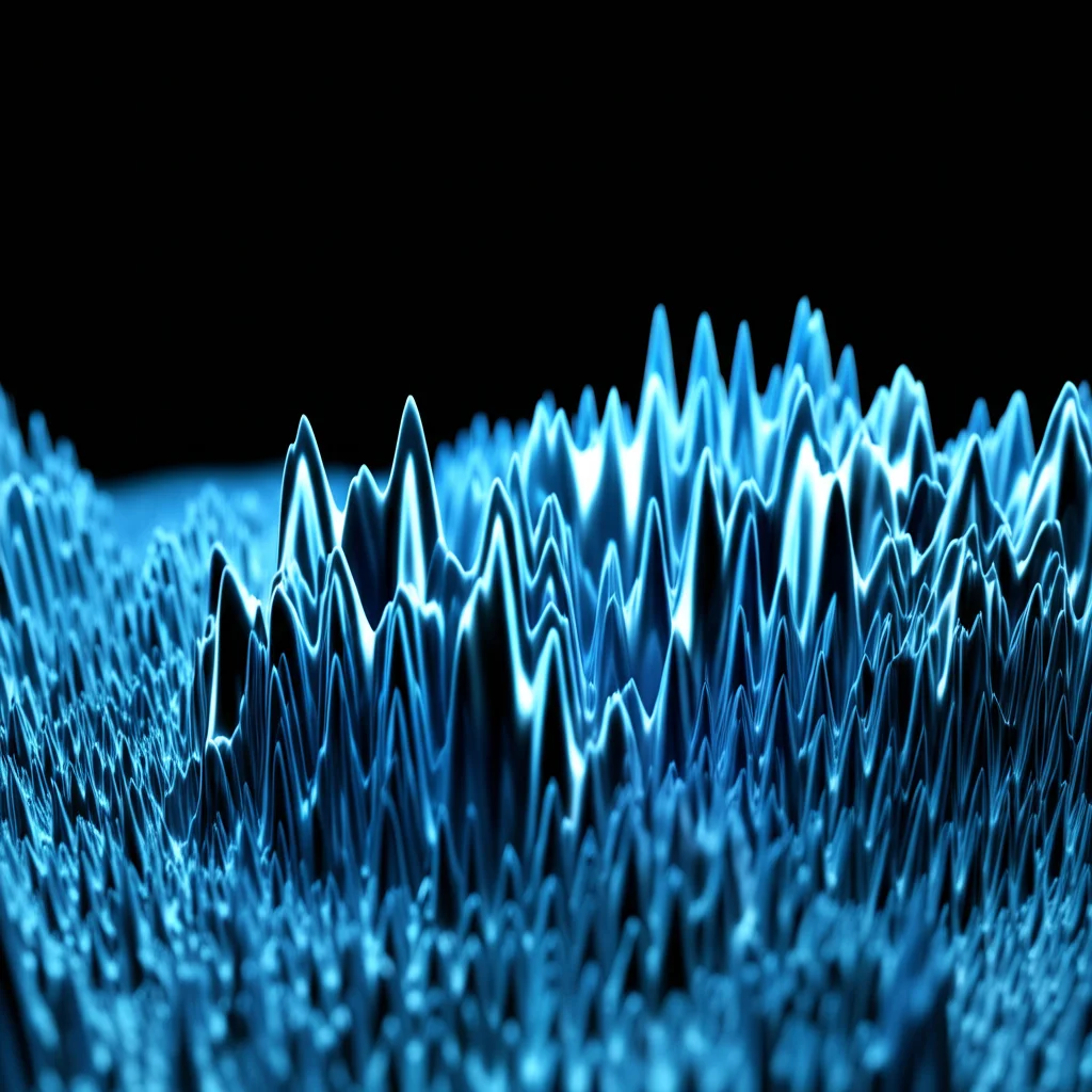 Lente grandangolare, 15 mm, focus acuto, visualizzazione 3D astratta di una complessa superficie del paesaggio energetico con vallate multiple (minimi) e picchi, resi in toni blu freddi e metallici, sovrapposte schematicamente su una geometria a conchiglia curva.