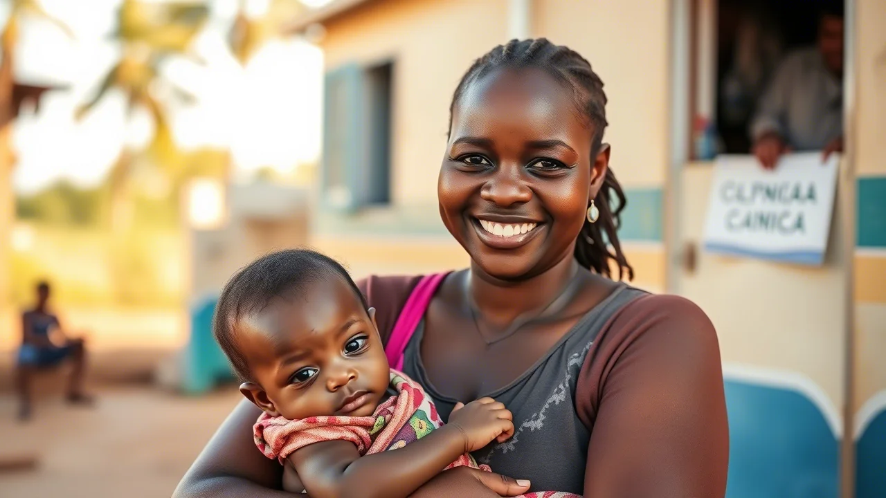 Una madre della Sierra Leone sorride mentre tiene in braccio il suo bambino di circa un anno, appena vaccinato, fuori da una clinica mobile in un'area rurale. Fotografia ritratto, obiettivo 50mm, luce naturale calda del tardo pomeriggio, profondità di campo ridotta per sfocare lo sfondo.