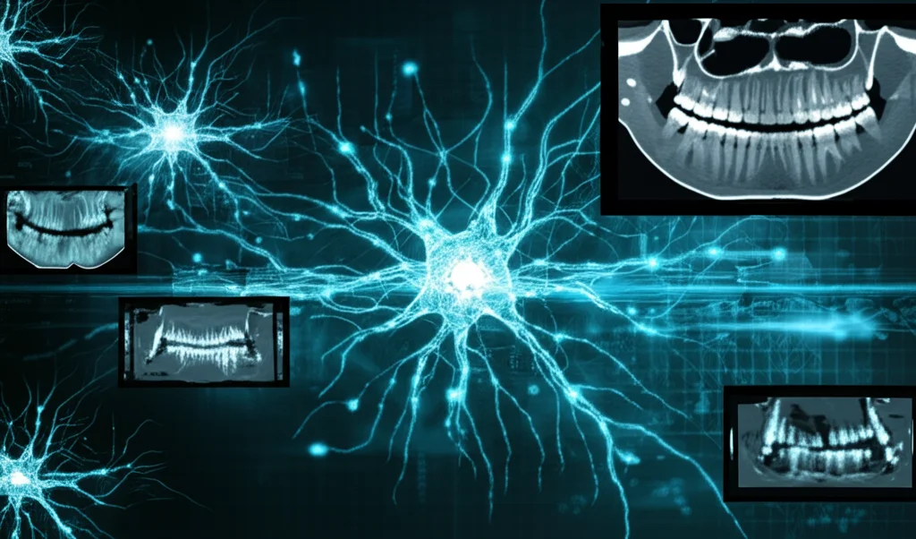 Visualizzazione astratta e high-tech di reti neurali artificiali che processano dati provenienti da diverse immagini dentali (CBCT, panoramica, foto intraorale) sovrapposte, con flussi di dati luminosi che collegano i nodi. Illuminazione controllata high-detail, colori dominanti blu elettrico e cyano, stile futuristico.