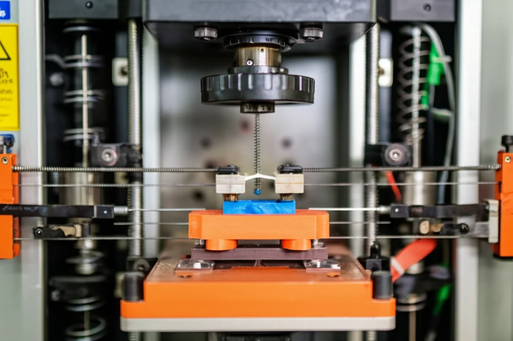 Un provino in PLA stampato in 3D montato su una macchina per prove di trazione universale, pronto per il test, messa a fuoco precisa sul provino, sfondo leggermente sfocato (profondità di campo), obiettivo prime 50mm.