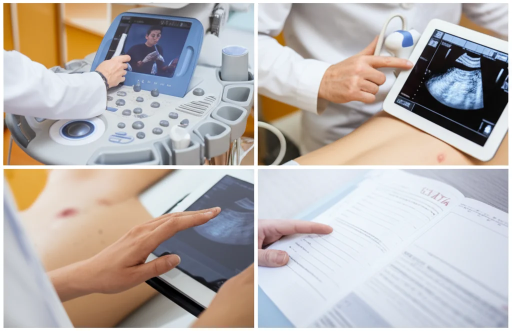 Collage di immagini che mostrano diversi metodi di apprendimento preferiti per l'ecografia: uno studente che si esercita su un simulatore, un altro che guarda un video tutorial su un tablet, una mano che sfoglia una dispensa cartacea. Luce naturale, obiettivo 35mm.