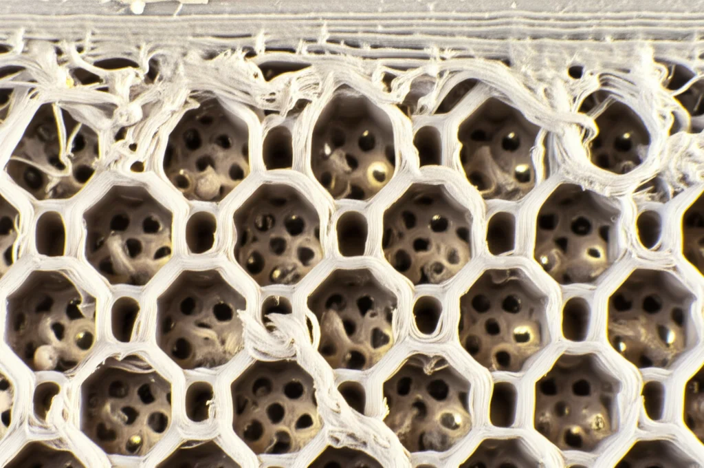 Sezione trasversale di un pezzo stampato in 3D in PLA che mostra chiaramente un pattern di riempimento a nido d'ape al 60%, illuminazione laterale per creare ombre e definire la struttura interna, obiettivo macro 100mm, dettaglio elevato.