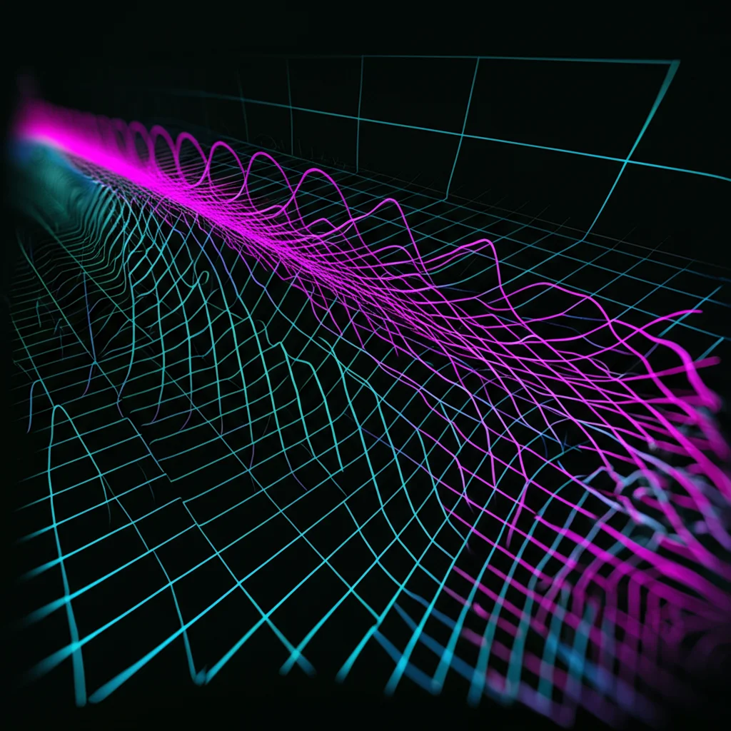 Diagramma stilizzato dell'equazione di Schrödinger applicata a particelle influenzate da potenziali di calore quantizzati, con onde di probabilità luminose sovrapposte a una griglia spaziale scura. Wide-angle lens, 20mm, sharp focus, colori ciano e magenta.