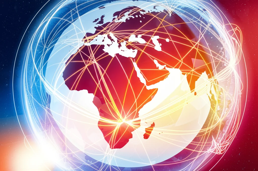 Mappamondo stilizzato con linee luminose che collegano diversi paesi, alcune linee brillano intensamente o cambiano colore tra due istanti temporali, rappresentando flussi finanziari anomali, vista grandangolare 20mm, effetto lunga esposizione.