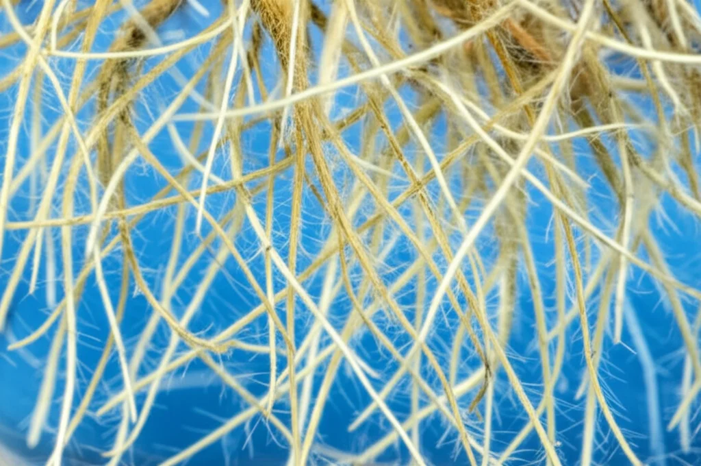 Macro fotografia, lente da 90 mm, di radici pelose di pioppo ibrido che crescono densamente in un mezzo nutriente liquido chiaro all'interno di un pallone di vetro Erlenmeyer in un laboratorio, alti dettagli, messa a fuoco precisa, illuminazione controllata.