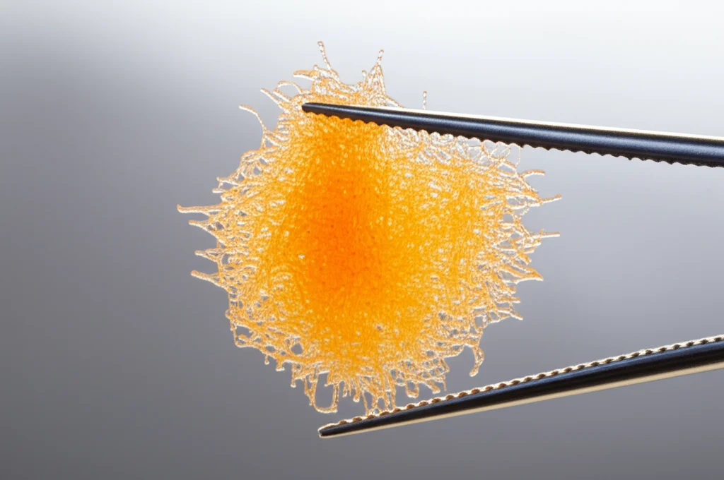 Macro fotografia, scattata con un obiettivo da 85mm, di una complessa struttura di gel poroso, color arancio chiaro, simile a un piccolo reticolo. La struttura è delicatamente sollevata da pinzette in un ambiente di laboratorio luminoso, mettendo in risalto i dettagli elevati e la messa a fuoco precisa. Controlled lighting.