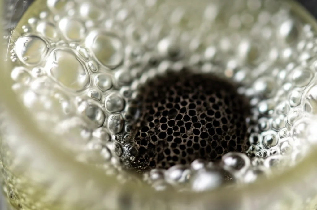 Fotografia close-up, realizzata con un obiettivo macro da 60mm, di un elettrodo di carbonio scuro e poroso immerso in un elettrolita che bolle all'interno di un reattore elettrochimico a cella H in vetro. Illuminazione controllata che evidenzia la texture e l'evoluzione del gas, messa a fuoco nitida. High detail.