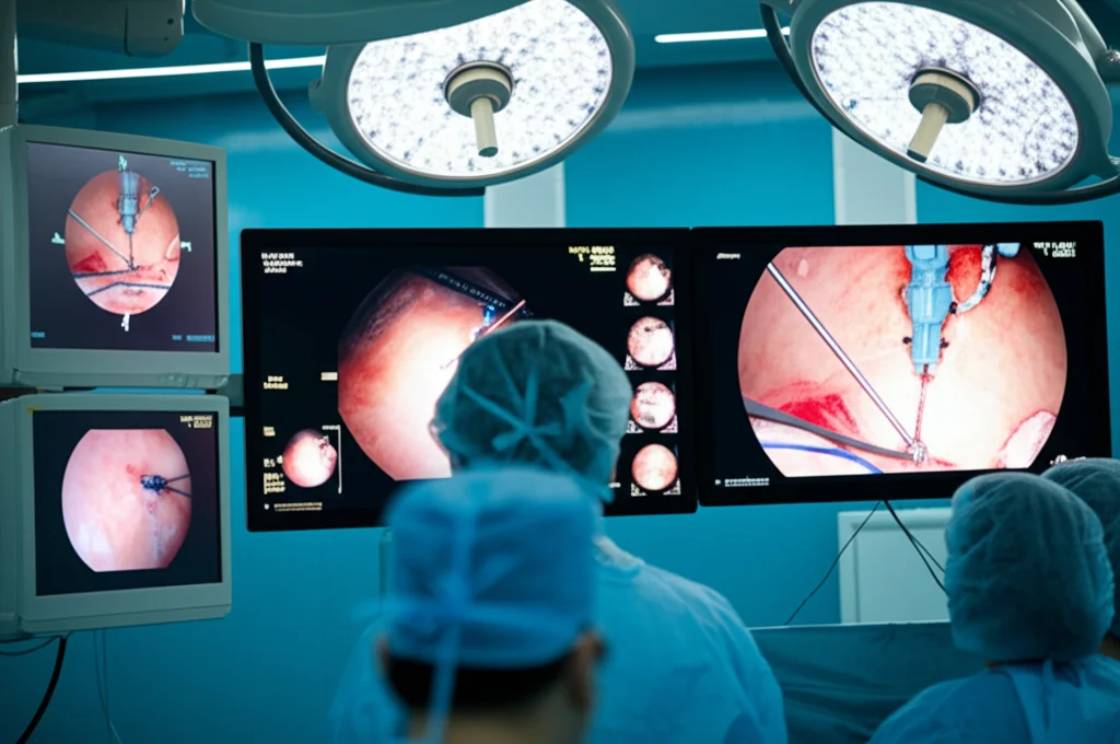 Fotografia di una sala operatoria moderna durante un intervento VATS (chirurgia toracoscopica video-assistita), teleobiettivo 100mm, focus sui monitor che mostrano l'interno del torace e sugli strumenti chirurgici mininvasivi in azione, illuminazione chirurgica intensa.
