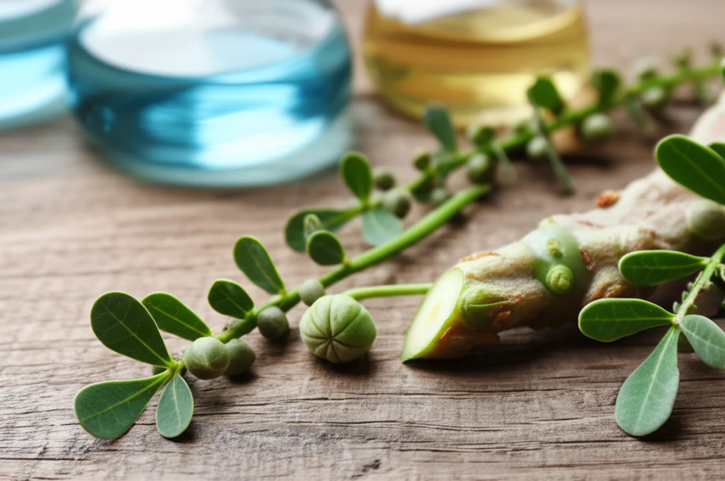 Immagine still life che mostra foglie fresche di Capparis spinosa e una sezione di fusto su una superficie di legno rustico. Accanto, vetreria da laboratorio (provette, becher) contenente liquidi trasparenti simili a estratti. Obiettivo macro 60mm, alta definizione, messa a fuoco precisa, illuminazione morbida e controllata.