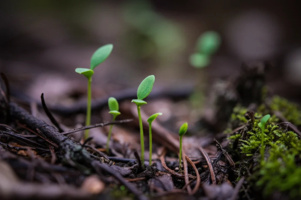 Fotografia macro di giovani piantine di diverse specie arboree (querce, pini) che spuntano dal terreno umido del bosco, messa a fuoco precisa sui dettagli delle foglioline tenere, illuminazione controllata e soffusa che evidenzia la freschezza della nuova vita, obiettivo macro 100mm.
