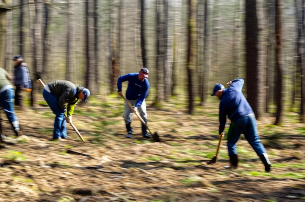 Fotografia di un gruppo di operai forestali, uomini e donne, che piantano a mano giovani alberelli con delle vanghe in un'area aperta e soleggiata del bosco, teleobiettivo zoom 100mm per catturare l'azione da una certa distanza, velocità dell'otturatore moderata per mostrare il movimento, luce diurna primaverile.