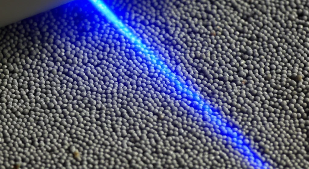 Fotografia macro di un letto di polvere metallica grigio scuro, mix di particelle sferiche (Invar) e irregolari (TiCN), illuminato da un raggio laser blu intenso durante il processo LPBF, obiettivo macro 100mm, alta definizione, illuminazione controllata, scintille sottili.