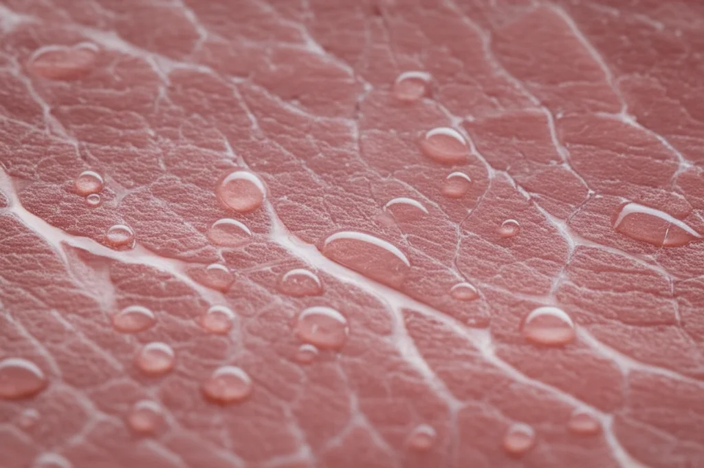 Fotografia macro di una fetta di lonza di maiale fresca su un piano di acciaio inox pulito. Goccioline trasparenti di essudato (drip) sono chiaramente visibili sulla superficie rosa della carne. Obiettivo macro 100mm, alta definizione dei dettagli della fibra muscolare e delle gocce, illuminazione controllata da studio laterale per enfatizzare la texture e la lucentezza del liquido.