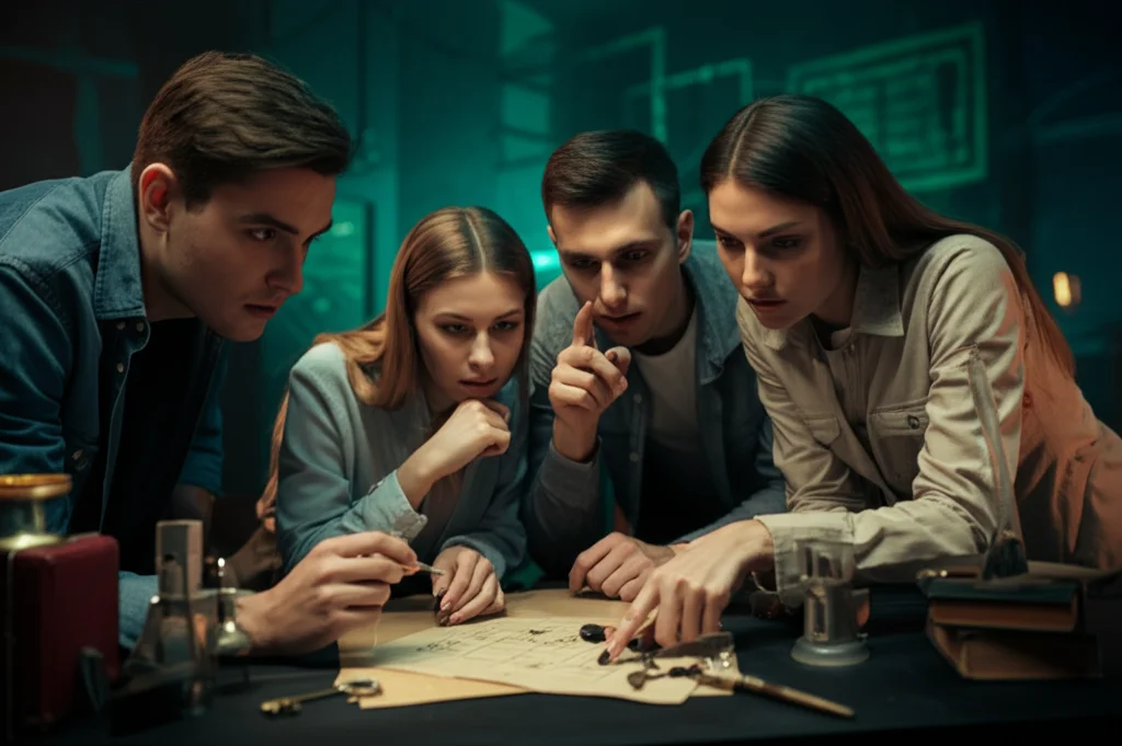 Fotografia realistica di un gruppo di persone concentrate che cercano indizi in una escape room tematica, luce soffusa e d'atmosfera, obiettivo 35mm, profondità di campo per mettere a fuoco un indizio chiave su un tavolo. Stile documentaristico.