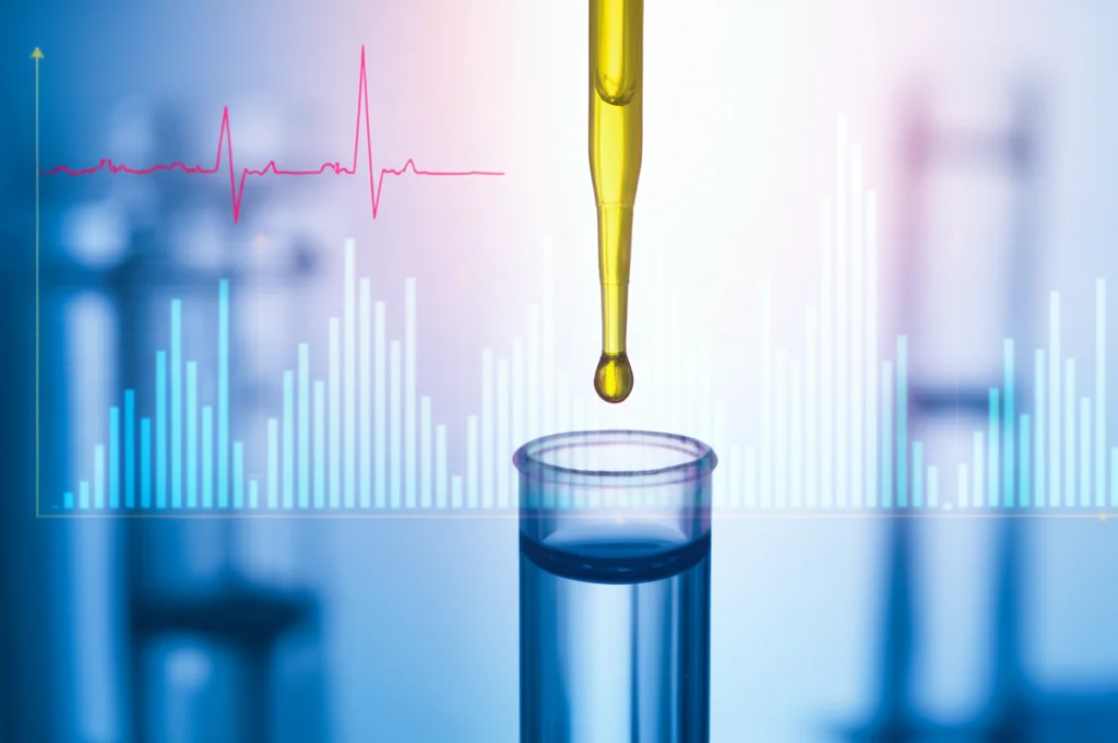 Immagine still life concettuale che rappresenta la metabolomica. Su un tavolo da laboratorio pulito, una pipetta sta depositando una goccia di liquido (essudato) in una provetta NMR. Sullo sfondo, grafici astratti e colorati rappresentano i dati dei metaboliti. Obiettivo macro 60mm, alta definizione, messa a fuoco sulla goccia e sulla provetta, illuminazione da laboratorio controllata e pulita.