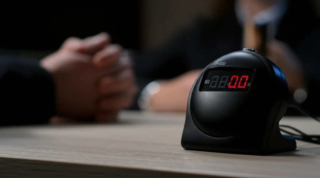 Primo piano fotorealistico di un timer digitale che segna pochi minuti rimasti, posizionato su un tavolo durante un'intervista tesa. Luce focalizzata sul timer, obiettivo macro 90mm, alta definizione per mostrare i dettagli del display e la texture del tavolo.