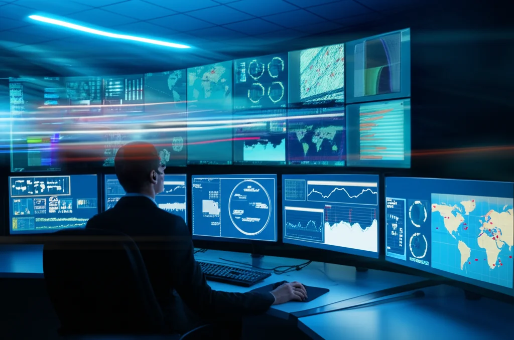 Fotografia grandangolare di una sala di controllo moderna con schermi multipli che mostrano dati e mappe, una persona osserva attentamente uno schermo con informazioni urgenti. Obiettivo 18mm, lunga esposizione per catturare il movimento leggero delle luci sugli schermi, messa a fuoco nitida sull'operatore.