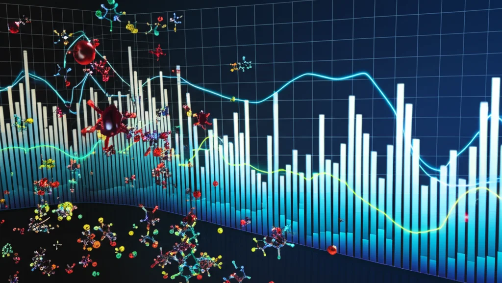 Visualizzazione 3D astratta di molecole di metaboliti (sfere e bastoncelli colorati) che fluttuano sopra un grafico di dati scientifici. L'immagine simboleggia l'analisi dei dati metabolomici e la modellazione predittiva. Illuminazione high-tech, colori vivaci su sfondo scuro, alta definizione.