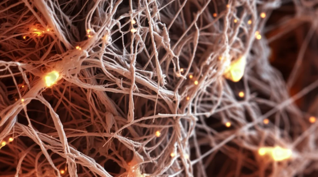 Fotografia macro, lente 85mm, che mostra filamenti polimerici intrecciati rappresentanti PEO (più chiari, flessibili) e TPU (più scuri, robusti). Punti luminosi simili a scintille (ioni litio) si muovono lungo e tra i filamenti. Illuminazione controllata per evidenziare la struttura 3D, messa a fuoco precisa sui punti di contatto tra i polimeri, alta definizione.