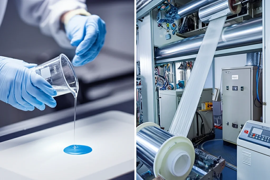 Immagine divisa verticalmente. A sinistra: Fotografia di laboratorio, lente 50mm, che mostra una mano guantata che versa una soluzione viscosa da un becher su una lastra di Teflon (processo di casting), aspetto meticoloso. A destra: Rappresentazione fotorealistica di un estrusore industriale compatto che produce un film polimerico solido e continuo da polveri fuse, aspetto efficiente e pulito. Messa a fuoco nitida su entrambi i processi.