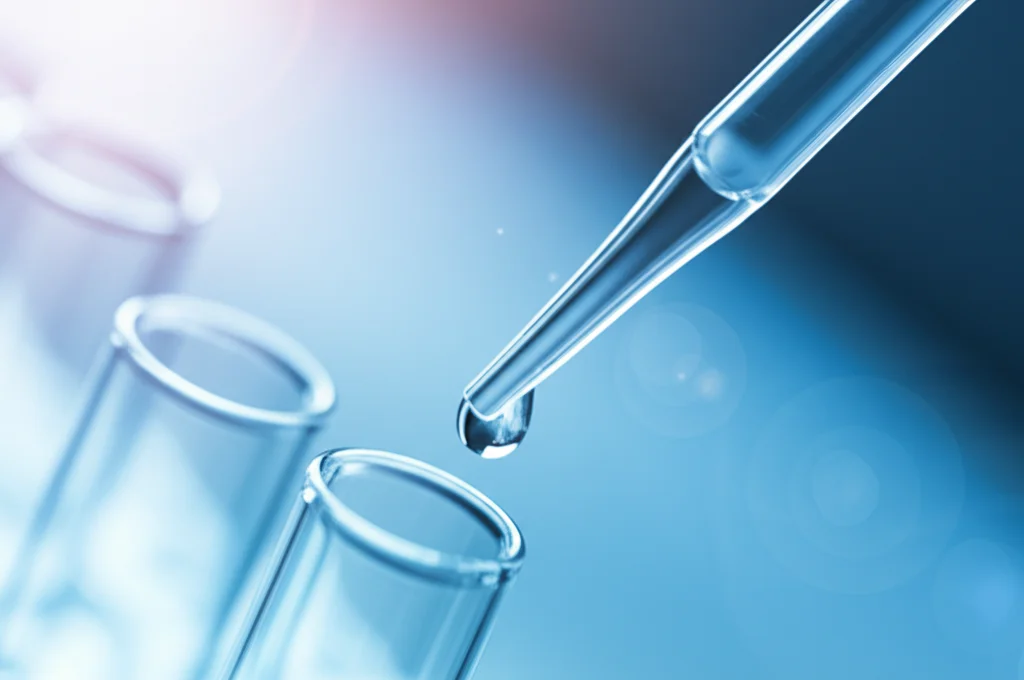 Primo piano macro di una pipetta che rilascia una goccia in una provetta in un laboratorio di ricerca medica, illuminazione controllata, alta definizione, obiettivo macro 100mm, simboleggiando l'analisi dei dati dello studio EBMT.