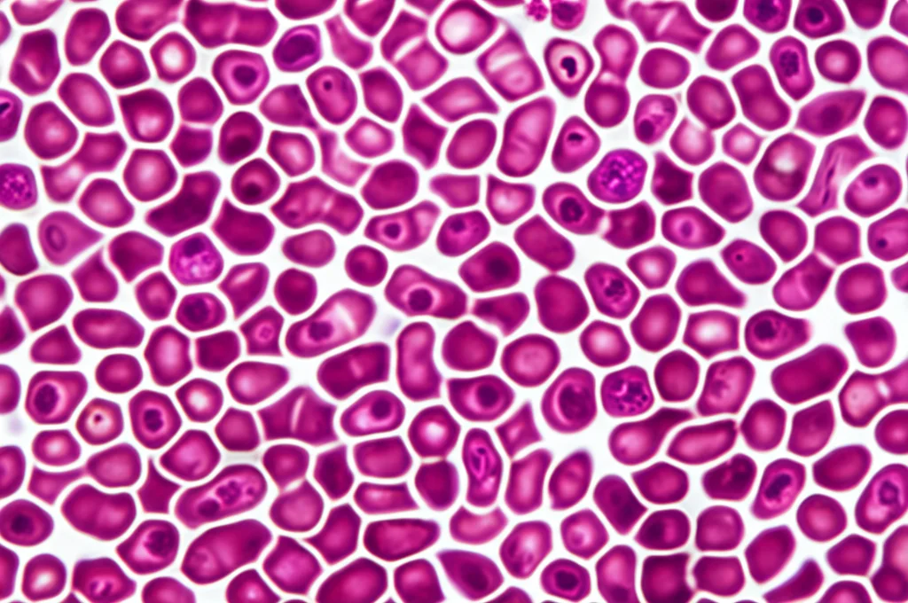 Immagine al microscopio ad alto dettaglio di cellule staminali ematopoietiche, messa a fuoco precisa, illuminazione controllata, obiettivo macro 80mm, rappresentando la base biologica del trapianto.