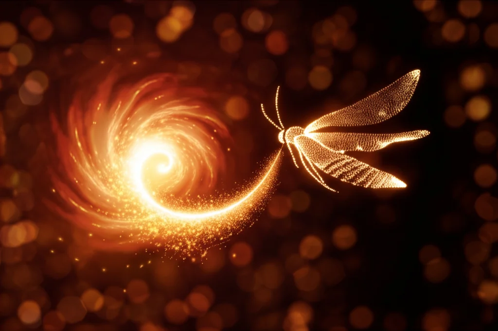 Macro fotografia di una falena notturna stilizzata, rappresentata da punti luminosi, che vola a spirale logaritmica verso una fiamma astratta e brillante su uno sfondo scuro digitale, simboleggiando l'algoritmo MFO. Macro lens, 90mm, high detail, precise focusing, shallow depth of field, effetto bokeh sullo sfondo.