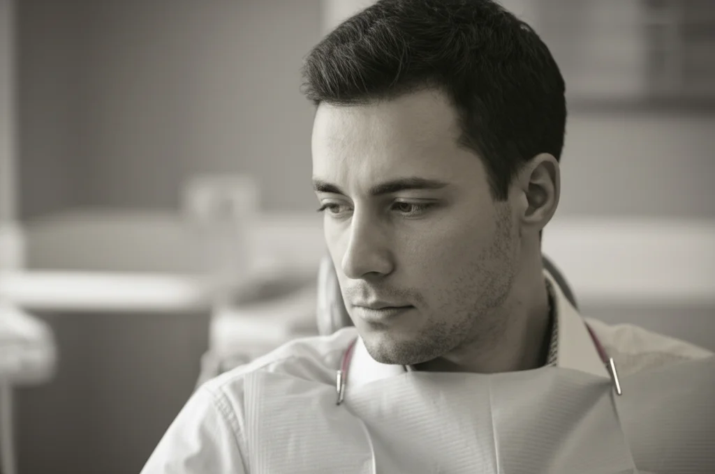 Primo piano di uno studente di odontoiatria dall'aspetto preoccupato in un ambiente clinico universitario, guarda verso il basso pensieroso, luce soffusa laterale, profondità di campo ridotta che sfoca lo sfondo, obiettivo 50mm, toni seppia e grigio duotone.