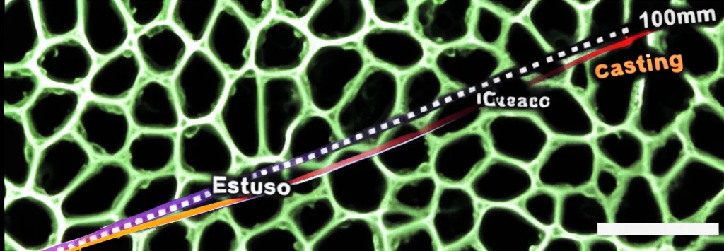 Primo piano, lente macro 100mm, su un grafico scientifico digitale sovrapposto a una micrografia elettronica di una struttura polimerica porosa. Il grafico mostra linee ascendenti luminose che rappresentano l'aumento della conducibilità ionica con la temperatura, una linea (estruso) è nettamente superiore all'altra (casting). Alta definizione, messa a fuoco precisa sui dati del grafico, illuminazione digitale controllata.