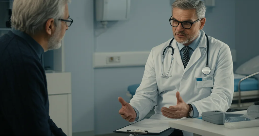 Fotografia ritratto di un medico che discute con un paziente adulto in un ambiente ospedaliero luminoso, profondità di campo, obiettivo 35mm, toni caldi, simboleggiando la discussione delle opzioni terapeutiche.