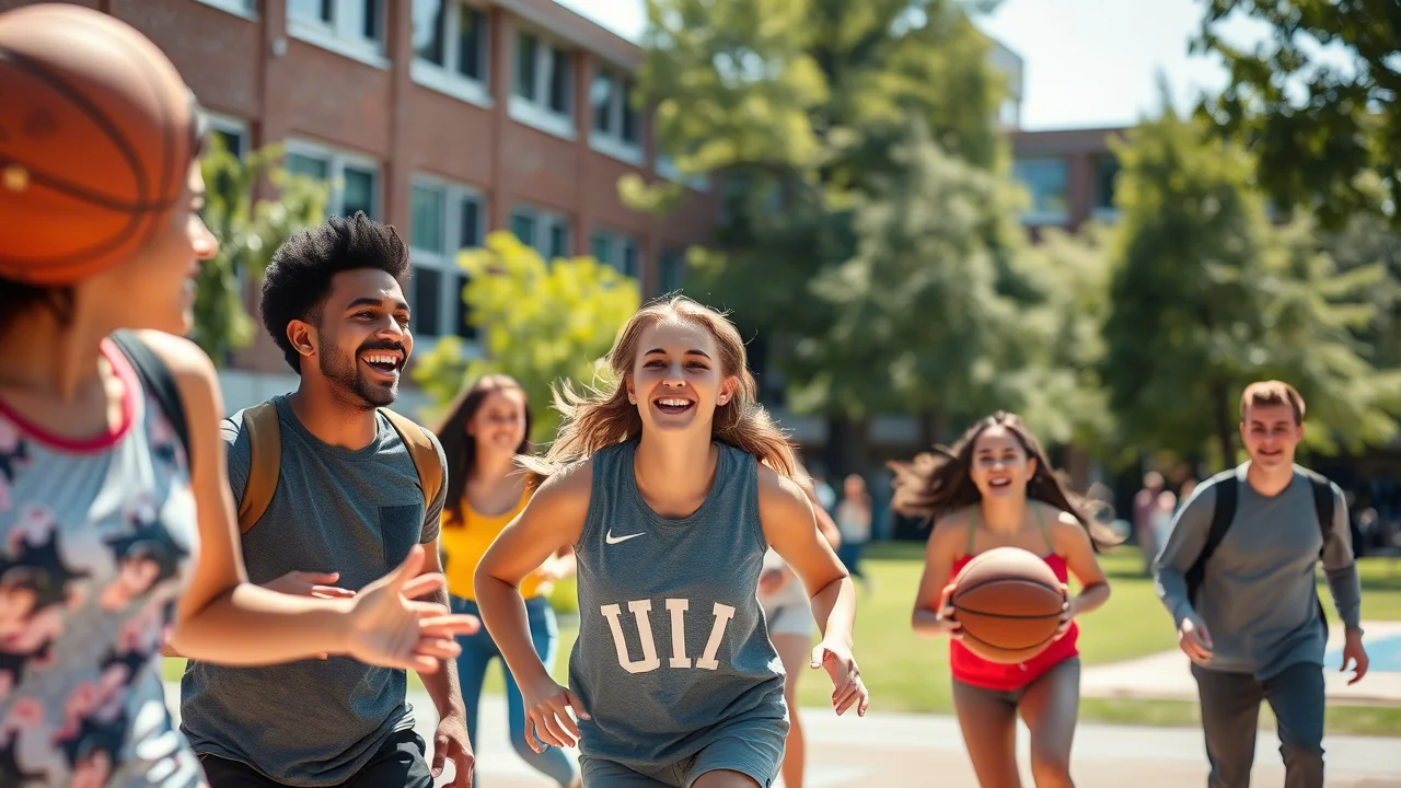 Fotografia sportiva, un gruppo eterogeneo di studenti universitari che giocano a basket all'aperto in un campus universitario, catturati in movimento, obiettivo zoom 100-400mm, velocità dell'otturatore elevata per congelare l'azione, luce solare brillante, espressioni concentrate e divertite.