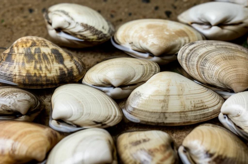 Macro fotografia di diverse specie di vongole edibili (Venerupis, Ruditapes, Paratapes) appena raccolte, adagiate su una superficie umida che ricorda il fondale sabbioso del lago Timsah. Obiettivo macro 90mm, alta definizione dei dettagli dei gusci e della polpa visibile, illuminazione controllata laterale per evidenziare le texture e i colori naturali.