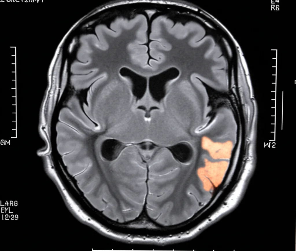 Immagine medica fotorealistica di una risonanza magnetica FLAIR del cervello umano che mostra un tumore eterogeneo, illuminazione controllata per evidenziare i dettagli del tessuto molle, obiettivo macro 90mm, alta definizione, focus preciso sulla lesione.