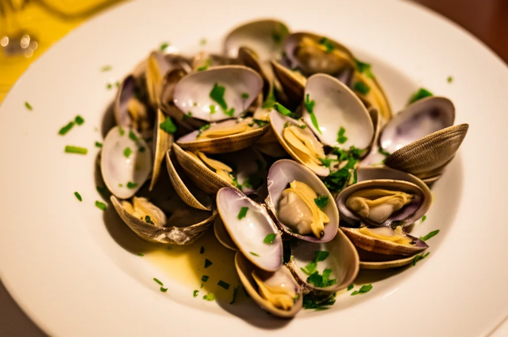 Primo piano di un piatto bianco con vongole veraci (Ruditapes decussatus) cotte, alcune aperte mostrando la polpa succulenta, condite con prezzemolo tritato. Illuminazione calda e invitante, tipica di un ristorante. Obiettivo macro 100mm per esaltare i dettagli del cibo, sfondo leggermente sfocato per mantenere il focus sul piatto.