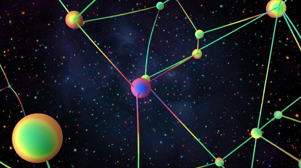 Visualizzazione astratta di uno spazio metrico modulare, dove la 'distanza' tra due punti cambia al variare di un parametro lambda, rappresentato da colori cangianti o da una terza dimensione. Macro lens, 85mm, high detail, illuminazione controllata che evidenzia la dipendenza dal parametro, focus preciso sui punti m e n.