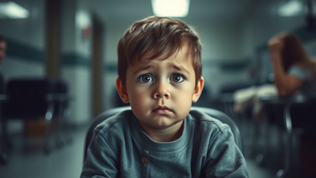 Bambino preoccupato in una sala d'attesa di un ospedale, luce soffusa, focus sul volto del bambino, obiettivo 35mm, profondità di campo per sfocare lo sfondo.