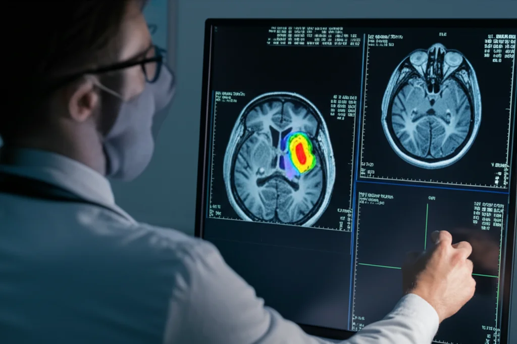 Fotografia in stile documentario medico, un radiologo che osserva uno schermo ad alta definizione che mostra una segmentazione di tumore cerebrale generata da AI (DSIT-UNet) sovrapposta a una scansione MRI FLAIR, con aree di attivazione (saliency map) evidenziate, profondità di campo, obiettivo 50mm.