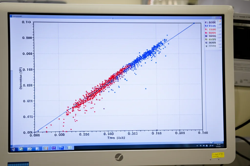 Grafico di linearità visualizzato su uno schermo di computer in un laboratorio. Il grafico mostra punti dati allineati lungo una retta con un valore R² vicino a 1 (0.9955), indicando un'eccellente correlazione tra concentrazione e risposta del segnale UPLC. Alta definizione, focus sul grafico.