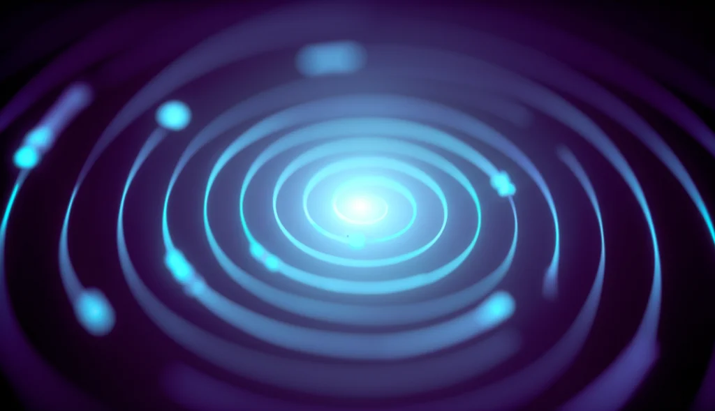 Illustrazione concettuale di un punto fisso stabile in uno spazio w-MMMS, rappresentato come un attrattore luminoso al centro di orbite spiraleggianti che simboleggiano la convergenza della successione iterativa. Prime lens, 50mm, depth of field accentuata, duotone viola e ciano per un look futuristico.