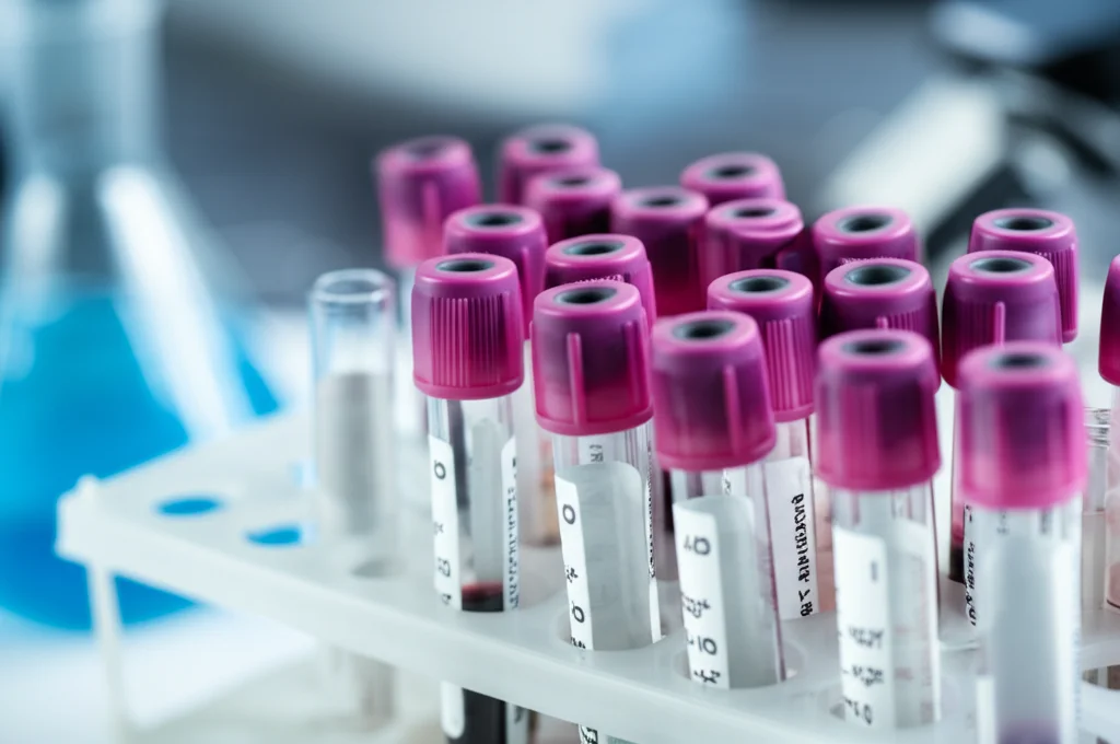 Primo piano di una provetta di sangue in un laboratorio medico, illuminazione controllata, obiettivo macro 100mm, alta definizione per mostrare i dettagli.