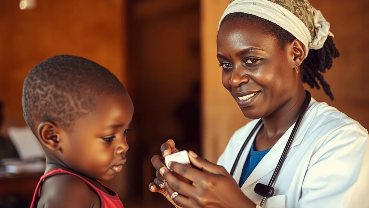 Ritratto ambientato di un operatore sanitario in Mozambico che utilizza un test rapido per la malaria su un bambino piccolo in una clinica rurale. Obiettivo 35mm, luce naturale, profondità di campo media per mostrare il contesto, espressione concentrata ma rassicurante dell'operatore, toni caldi.