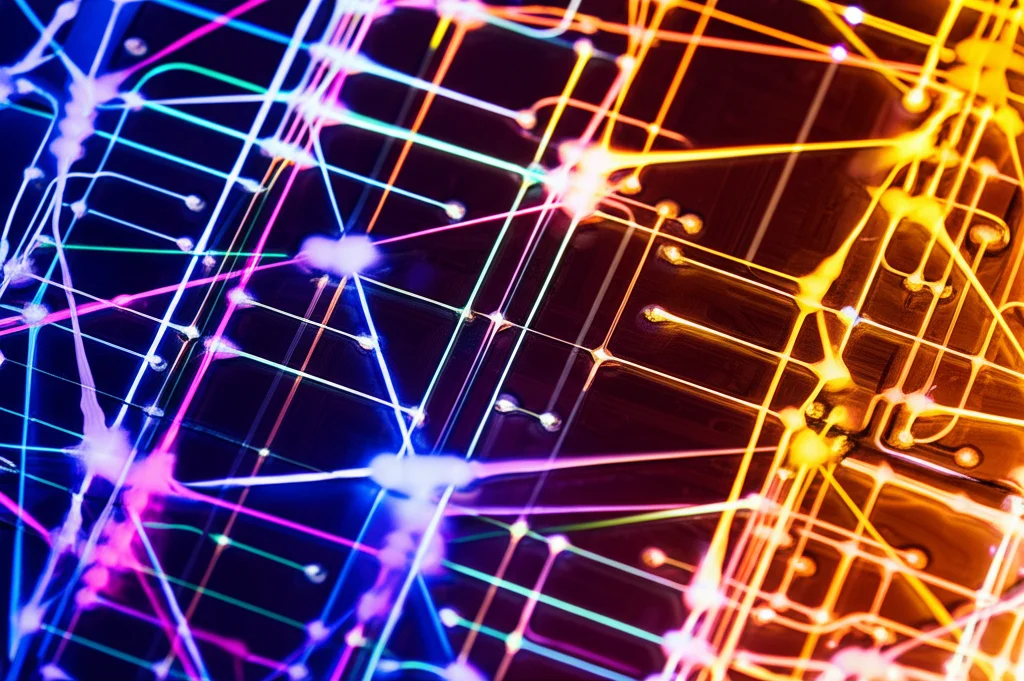 Macro lens, 80mm, immagine fotorealistica di una complessa struttura a grafo sovrapposta a un chip di silicio luminoso, con distinti fasci di luce colorata (frequenze) che rappresentano gli archi che collegano i nodi, alto dettaglio, illuminazione controllata.