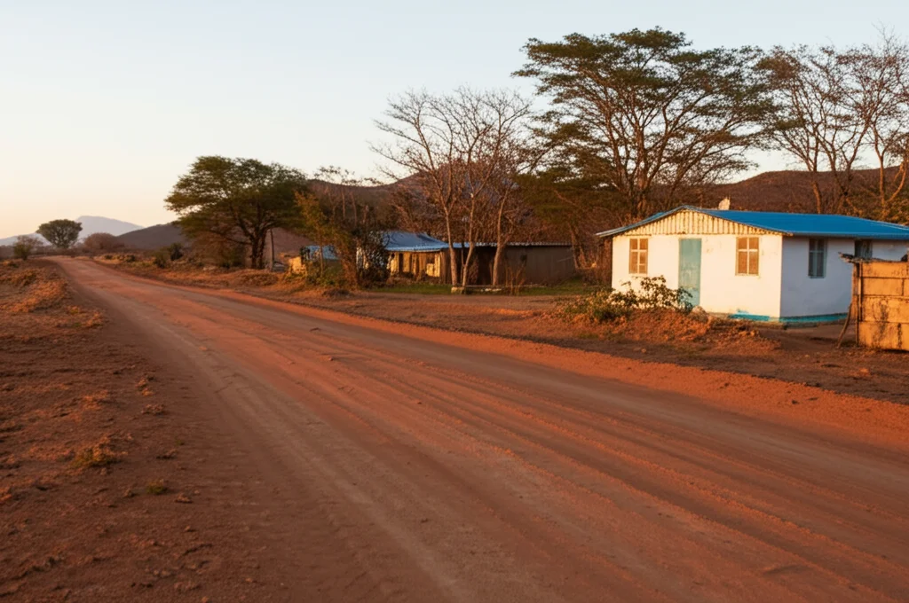 Strada rurale sterrata in una regione remota, forse con una clinica semplice in lontananza, obiettivo grandangolare 24mm, luce naturale del tardo pomeriggio.